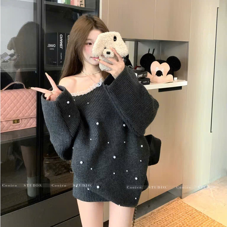 Áo Váy Trể Vai Cổ Ren Đính Ngọc KCloset Áo Len Mix Chân Váy Chữ A Kiểu Dáng Hàn NA44