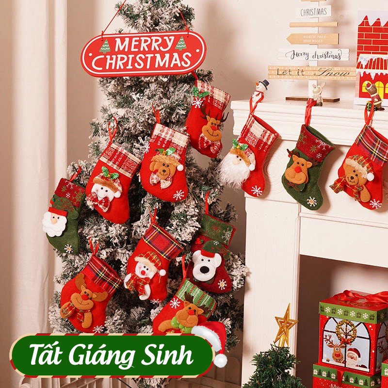 Tất noel nhỏ trang trí – Phụ kiện cây thông giáng sinh, vớ treo hình ông già noel, tuần lộc, đựng bánh kẹo trang trí