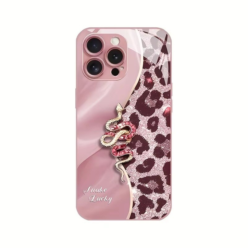 Ốp Điện Thoại Thủy Tinh Sơn Kim Loại Da Báo In Hình Con Rắn Vàng Cho iPhone 17 16 15 14 13 12 11 Pro Max Plus 16E 17Air Cover