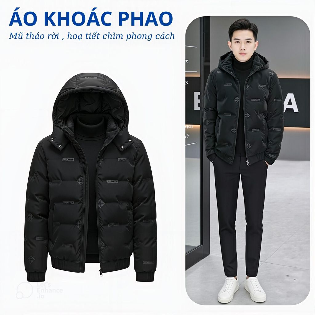 Áo Phao A1 Thiết kế 3 Lớp Cao Cấp Dày Ấm  Mũ tháo rời  Chống Gió Chống Nước, Form Đẹp Thời Trang Mùa Đông Siêu Ấm