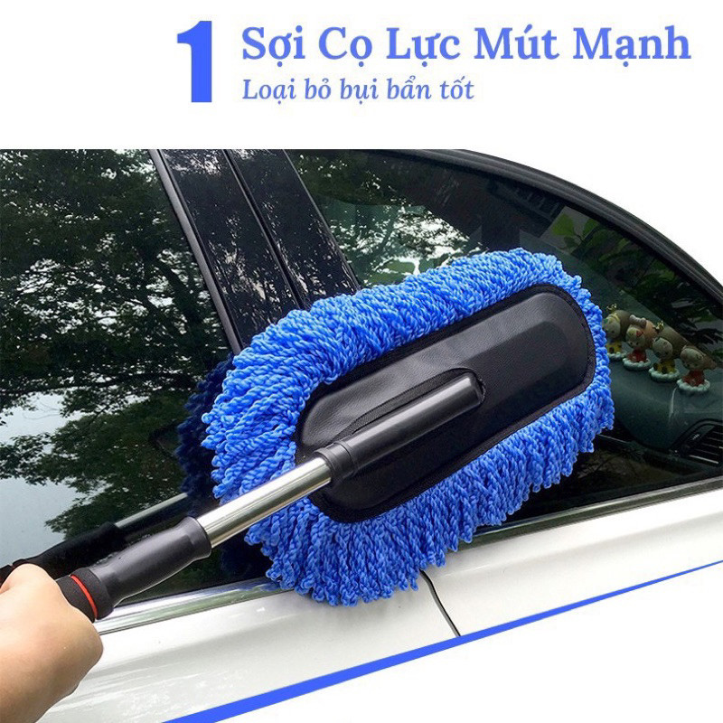 Chổi lau bụi xe ô tô microfiber sợi mềm điều chỉnh độ dài, cây lăn bụi cọ rửa xe hơi cao cấp