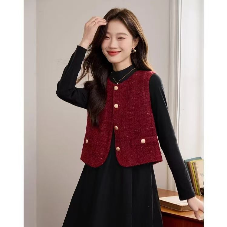 Áovest cổ điển màu đỏ không tay cho phụ nữ mùa thu đông