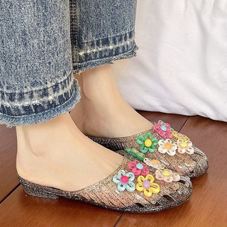 Phiên Bản Hàn Quốc Giày Thạch Thời Trang Dép Nữ Mặc Ngoài Baotou Flat Baotou Giày Trong Suốt Phụ Kiện Hoa Giày Đi Biển