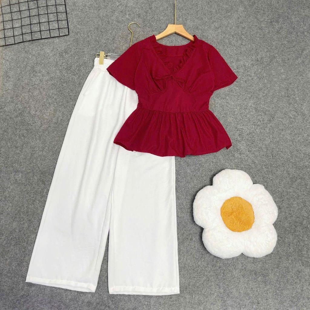 Set Bigsize Cô Nhỏ Áo Sơ Mi Cổ Tim Phối Bèo Kèm Quần Dài Lưng Thun Ống Rộng Co Giãn A315+Q564