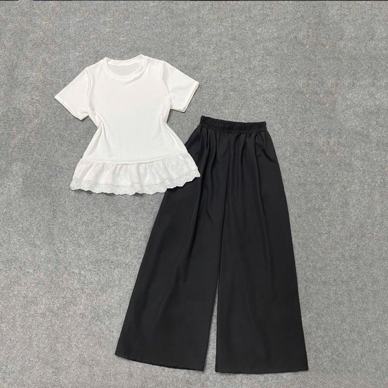 Set Bigsize Cô Nhỏ Áo Thun Tay Ngắn Bo Viền Ren Kèm Quần Dài Ống Rộng Thoải Mái A281+Q530