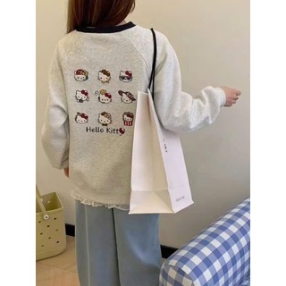 Áo sweater cổ tim form rộng in họa tiết 9 hình hello kitty dành cho nữ mặc thu đông