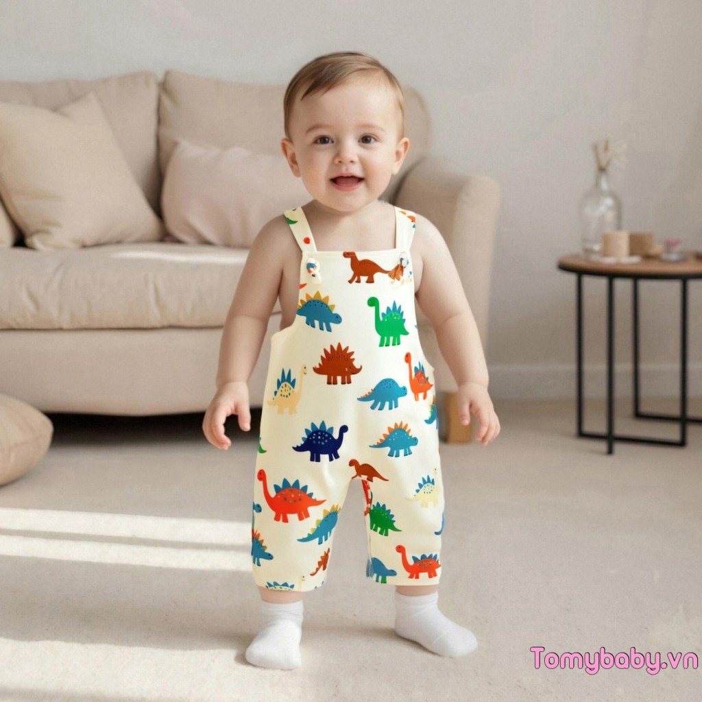 Bộ áo liền quần cho bé không tay cổ vuông in hình khủng long