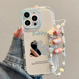 INS Cute Puppy Vỏ Gương Đơn Giản + Dây Xích Cho IPhone 16 11 15 14 13 12 Pro Max X Xr Xs Max 7 8 Plus Vỏ Điện Thoại Bảo Vệ Ống Kính Chống Sốc Mềm Vỏ Đen