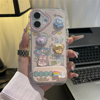 Vỏ Gương Gấu Hoa 3D Dễ Thương + Dây Xích + Giá Đỡ Cho IPhone 16 11 15 14 13 12 Pro Max X Xr Xs Max 7 8 Plus Vỏ Điện Thoại Bảo Vệ Ống Kính Chống Sốc Mềm Vỏ Đen