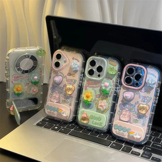 Vỏ Gương Gấu Hoa 3D Dễ Thương + Dây Xích + Giá Đỡ Cho IPhone 16 11 15 14 13 12 Pro Max X Xr Xs Max 7 8 Plus Vỏ Điện Thoại Bảo Vệ Ống Kính Chống Sốc Mềm Vỏ Đen