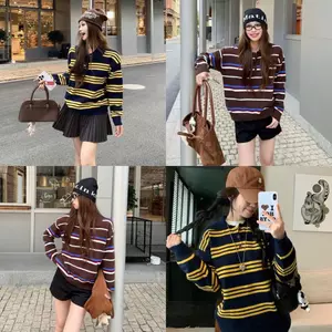 Áo len polo dài tay cho nữ phối họa tiết kẻ sọc chất len dày dặn mềm mịn XIMIMI SP397