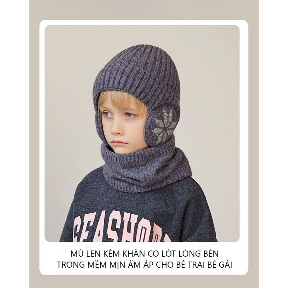 Set Bộ Mũ Len Bịt Tai Lót Lông Siêu Ấm Kèm Khăn Choàng Cổ Trẻ Em, Bé Trai, Bé Gái Từ 3-6Tuổi, Dày Dặn, Giữ Ấm Mùa Đông