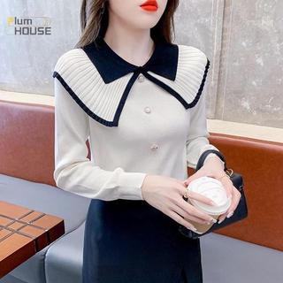 PlumHOUSE Áo Len Dệt Kim Mỏng Cổ Búp Bê Màu Sắc Tương Phản Cho Nữ