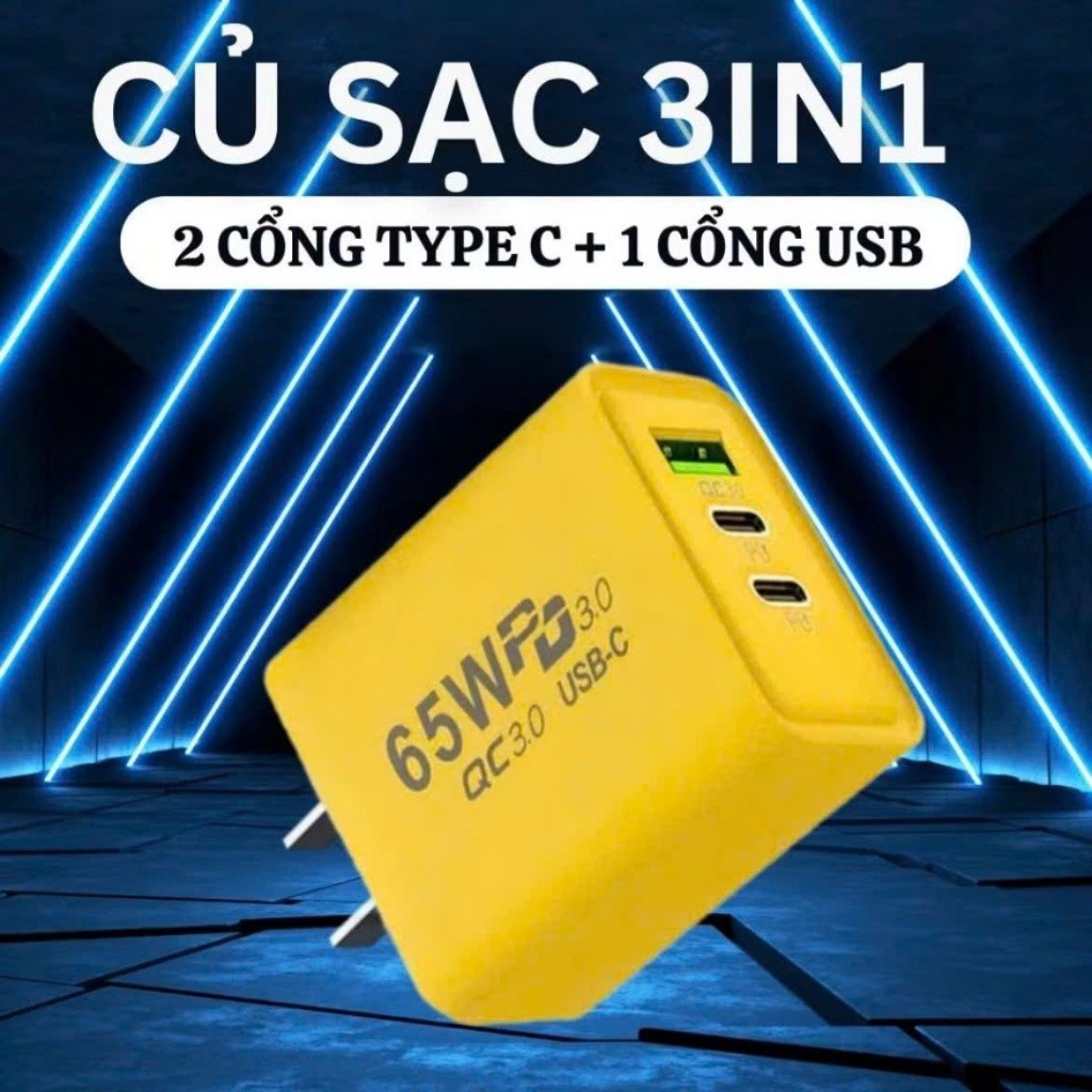 Cốc sạc nhanh 65W “Tặng cáp sạc nhanh 4 in 1” . Củ sạc nhanh 3 in 1 gồm: 2 cổng Type C + 1 cổng USB
