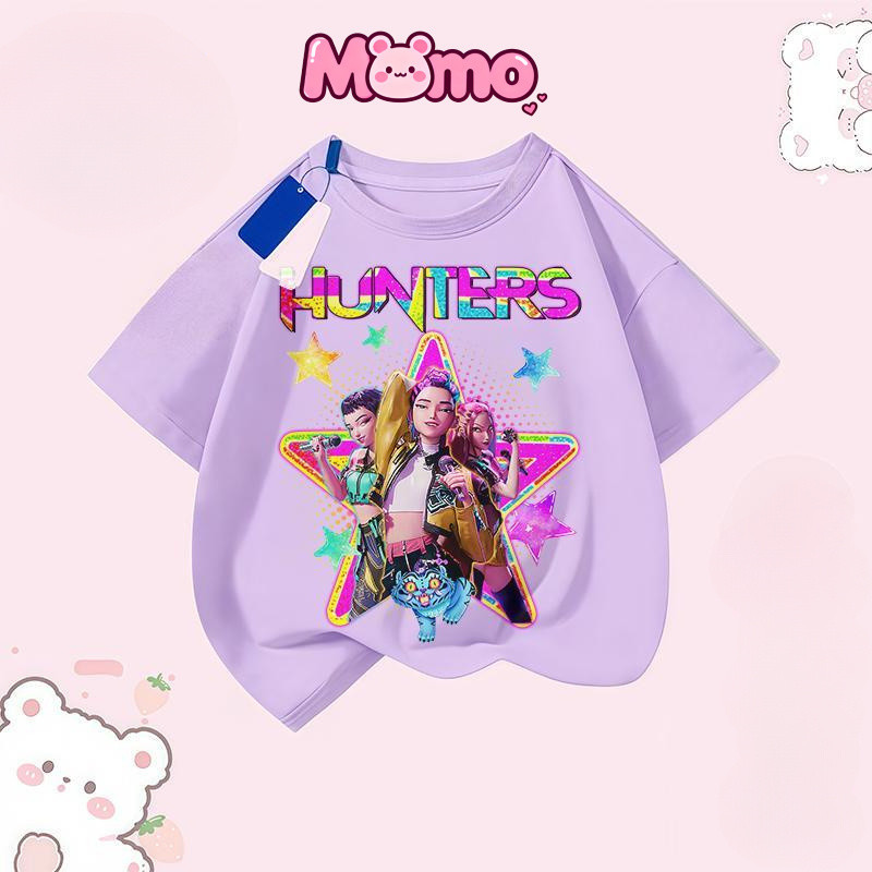 Kpop Demon Hunters Áo thun trẻ em dáng rộng cổ tròn tay ngắn Top Tee Hoạt hình đơn giản và Áo thun phổ biến