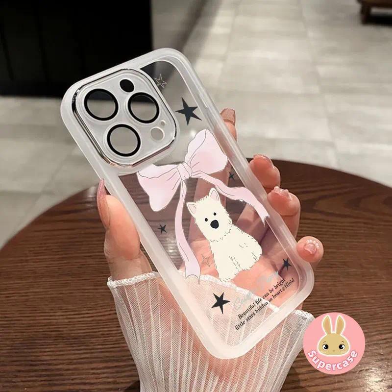 Ốp điện thoại hình chú chó nơ dễ thương Kính ống kính cho Samsung Galaxy A26 A56 A55 A54 A25 A23 M23 F23 A22 A21S A20 A20S A30 A52 A52S A50S A30 5G 4G Vỏ hoạt hình Vỏ mềm chống sốc