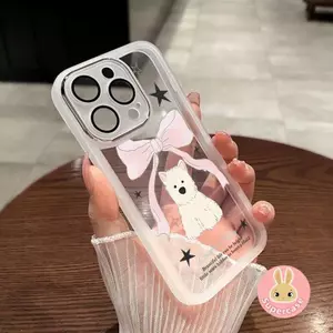 Ốp điện thoại hình chú chó nơ dễ thương Kính ống kính cho Samsung Galaxy A26 A56 A55 A54 A25 A23 M23 F23 A22 A21S A20 A20S A30 A52 A52S A50S A30 5G 4G Vỏ hoạt hình Vỏ mềm chống sốc