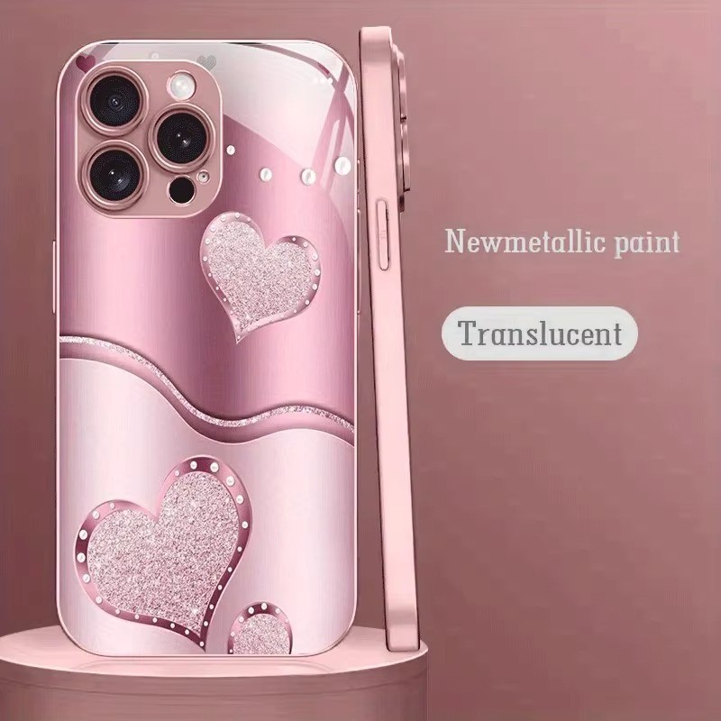 Ốp điện thoại cứng hình trái tim tình yêu dễ thương màu hồng bằng kim loại màu hồng cho iPhone 17 Air 17 16 15 14 13 12 11 Pro Max Plus 16E