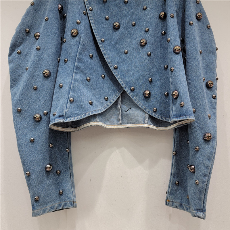 Top nữ denim tay ngắn phong cách Hàn Quốc, móng tay tròn đinh tán puff