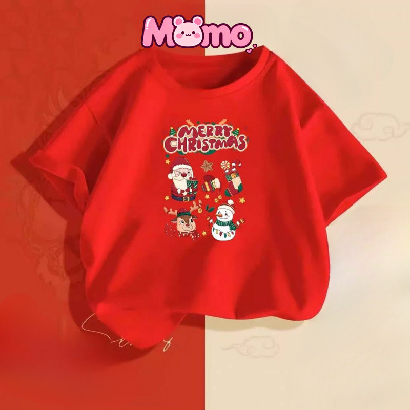Giáng Sinh Trẻ Em Quần Áo Cotton Nguyên Chất Áo Thun Tay Ngắn Mới In Hươu Bé Trai Và Bé Gái Đỏ Giáng Sinh Tay Ngắn