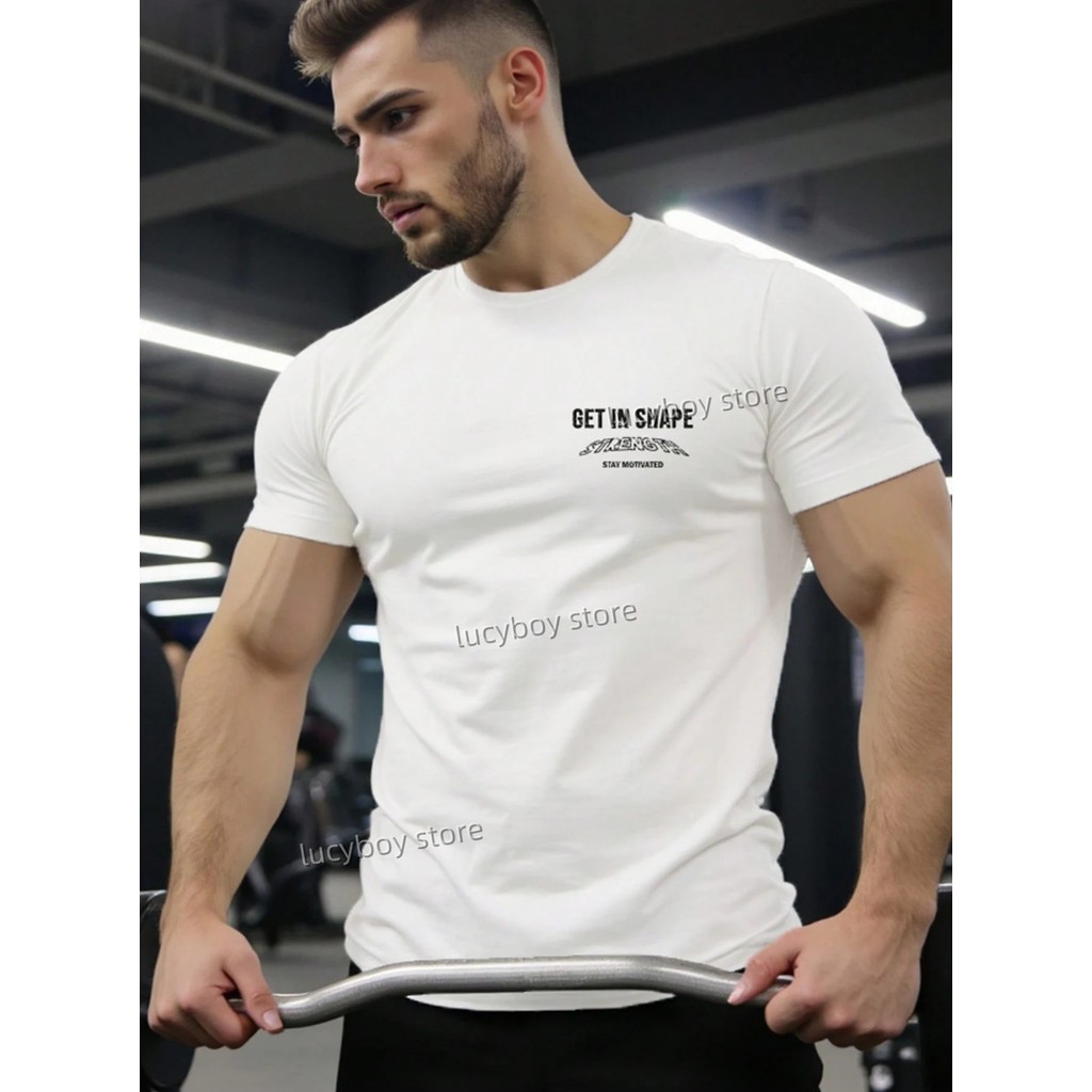 Áo Thun Thể Thao Nam Tee Tay Ngắn Cổ Tròn In Hình Tập Gym