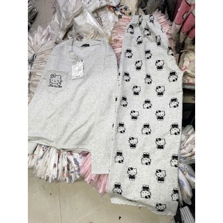 Bộ ngủ cổ tròn cài cúc mặc nhà cho nữ dài tay form rộng họa tiết kitty cute, BỘ CÚC CÀI