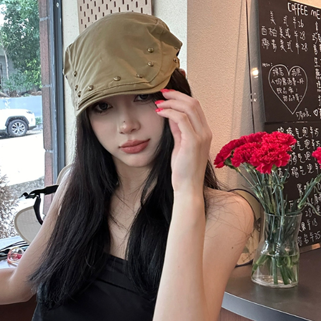 Mũ nồi đinh tán cổ điển nghệ sĩ Y2K phong cách Hàn Quốc, thoải mái điều chỉnh, 3 màu lựa chọn