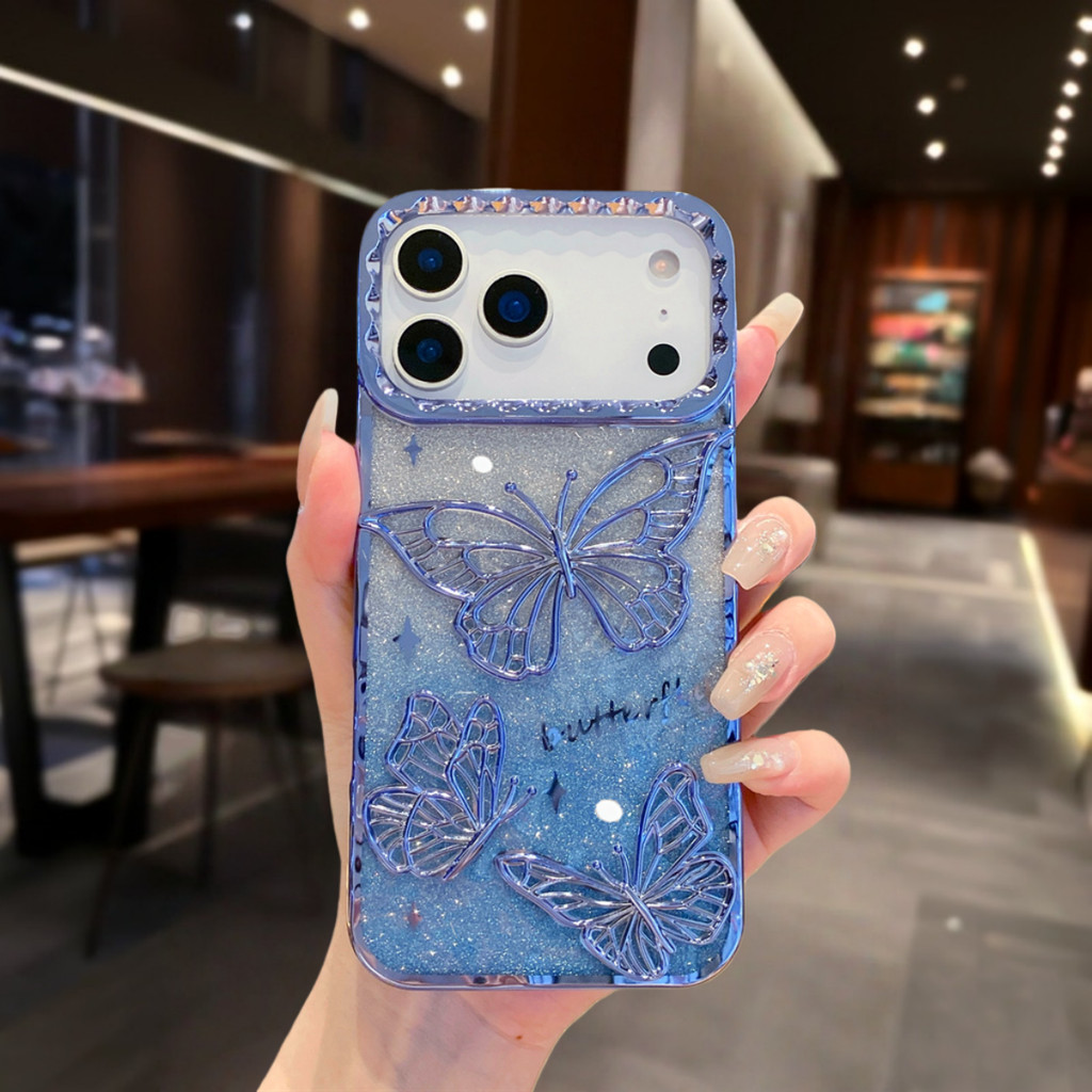 Ốp Điện Thoại Mạ Bướm Lấp Lánh Cho iPhone 17 Pro Max 16 13 14 15 Pro Max Air 16 plus Ống Kính Bảo Vệ Camera Vỏ Chống Sốc TPU Vỏ Mềm Vỏ Bảo Vệ Điện Thoại