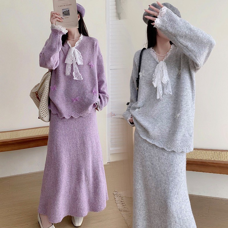 Bộ đồ bà bầu hai mảnh thiết kế thu đông, áo len và váy điều chỉnh được với bướm buộc dây