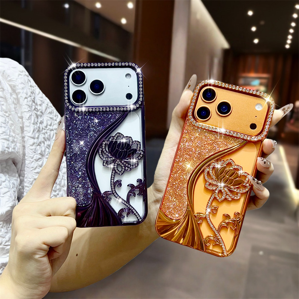 Ốp điện thoại hoa kim cương lấp lánh sang trọng cho iPhone 17 Pro Max 12 13 14 15 16 pro max Air 14 15 plus Bảo vệ Camera ống kính TPU vỏ mềm bảo vệ điện thoại