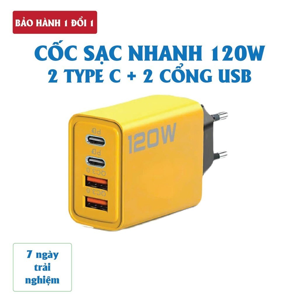 Củ sạc nhanh 4 cổng, 120W gồm: 2 cổng Type C + 2 cổng USB, Cáp sạc nhanh 3 in 1, Cốc sạc nhanh 120W, Phụ kiện