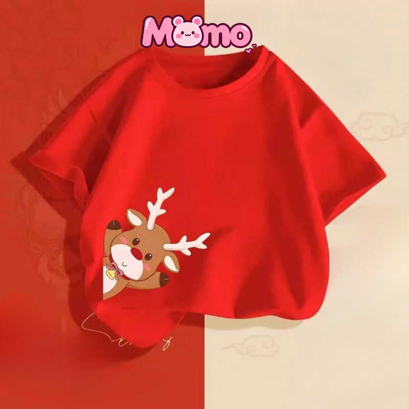 Giáng Sinh Trẻ Em Quần Áo Cotton Nguyên Chất Áo Thun Tay Ngắn Mới In Hươu Bé Trai Và Bé Gái Đỏ Giáng Sinh Tay Ngắn