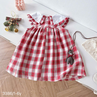 [8-26kg] Váy Sát Nách Cổ Bèo Caro Đỏ Thêu Noel Tết Cho Bé Gái Chất Thô