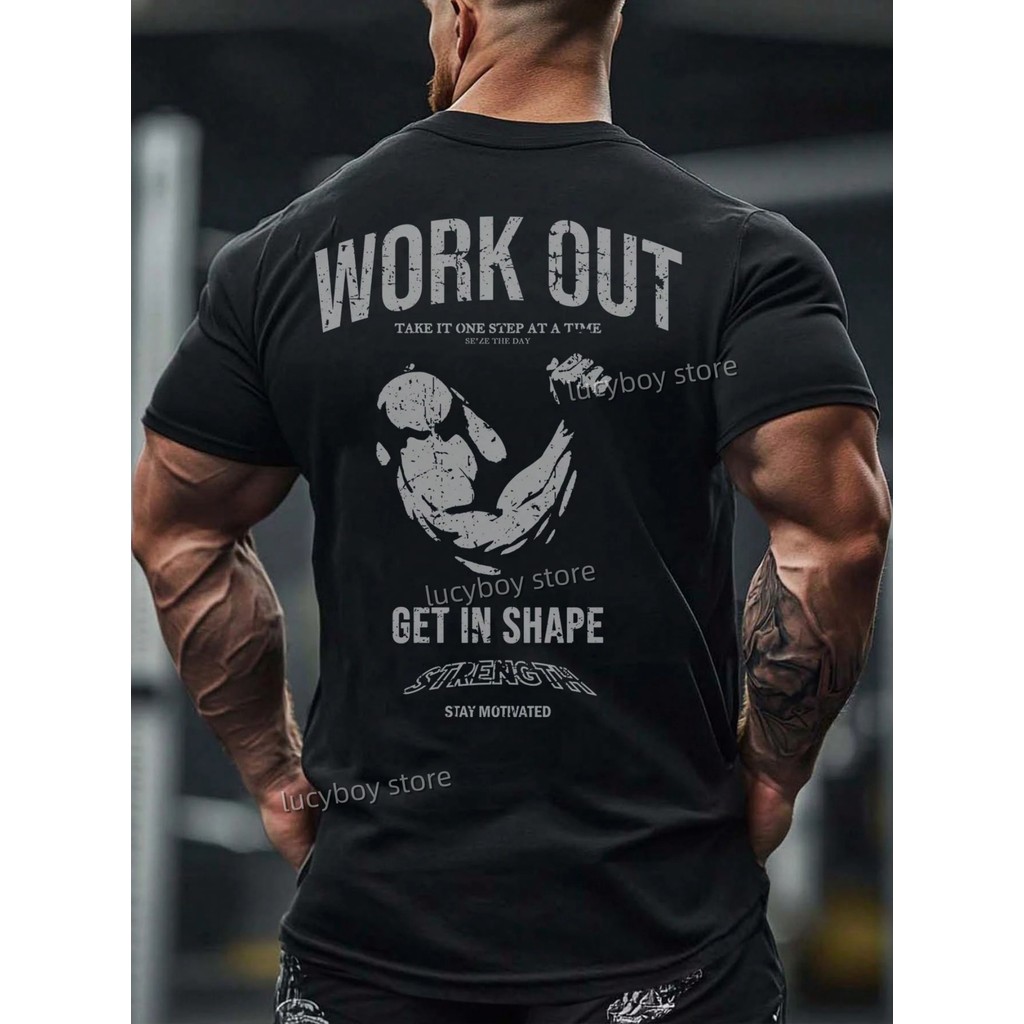 Áo Thun Thể Thao Nam Tee Tay Ngắn Cổ Tròn In Hình Tập Gym