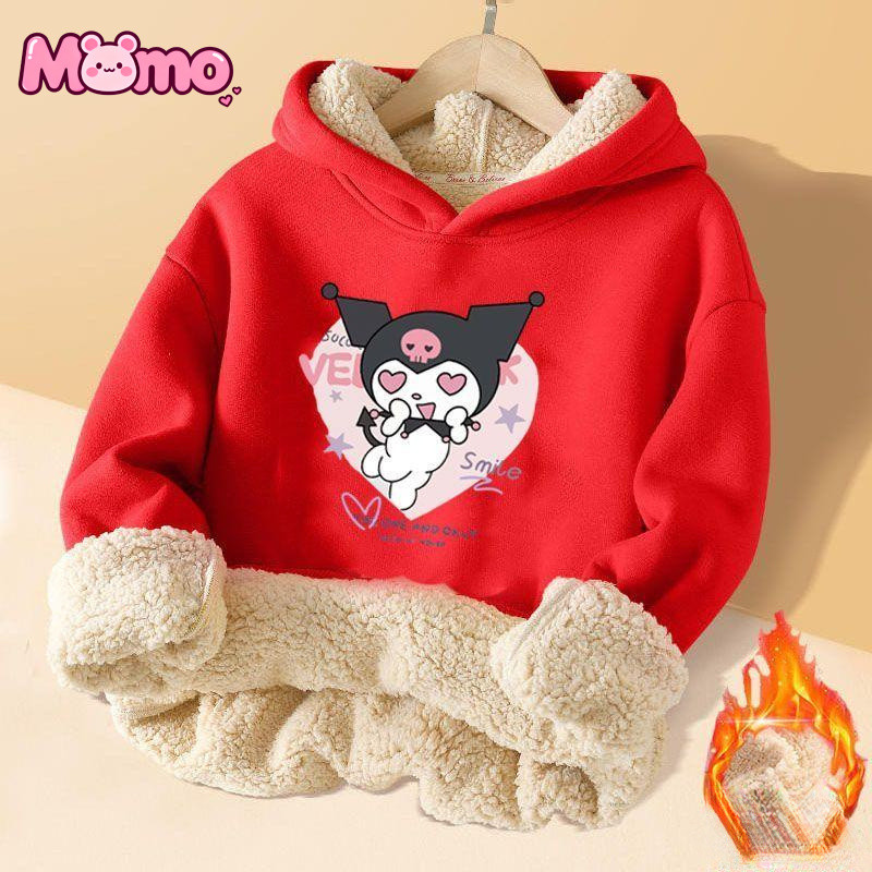 Áo Hoodie cổ tròn bằng len cừu in họa tiết Sanrio Kuromi cho bé gái, áo nỉ cách nhiệt mùa đông