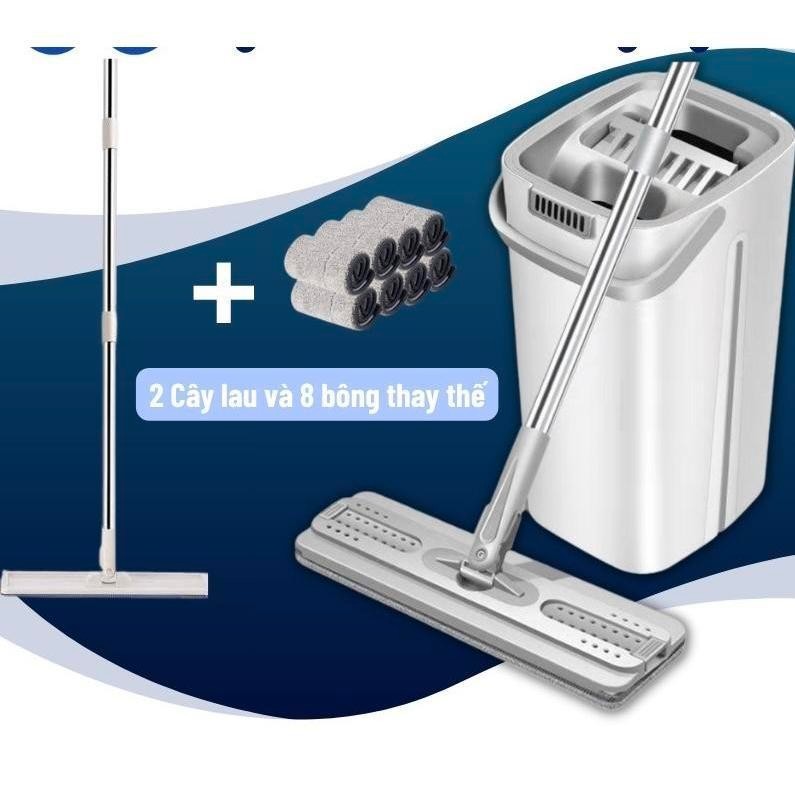 Bộ Cây Lau Nhà tự vắt (1 Thùng + 2 Cây Lau + 8 Bông Lau), Chổi Lau Nhà Tự Vắt Thông Minh Đầu Xoay 360 Độ tiện lợi