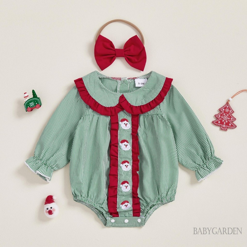 Bé Gái Giáng Sinh Kẻ Sọc Áo Liền Quần Ông Già Noel Thêu Búp Bê Cổ Áo Liền Quần Tay Dài Và Băng Đô Dễ Thương