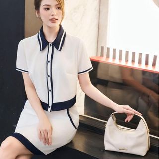 Set đồ nữ xinh E27: Set bộ xinh,S.M.L.XL thời trang trẻ trung năng động - Áo, Women, Chéo hàn ép mùng, Kem-Đen