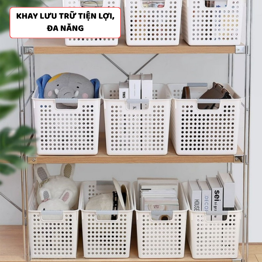 Giỏ Nhựa Chữ Nhật Đựng Đồ Đa Năng ENODA HOME, Khay Rổ Đa Kích Thước Đựng Đồ Có Tay Cầm Xám Q038