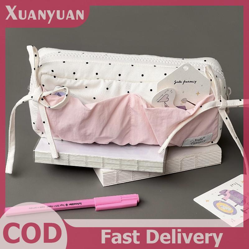XUAN Dễ Thương Chấm Bi Nơ Hộp Đựng Bút Chì Màu Trắng Với Màu Hồng Phụ Kiện Dung Tích Lớn Dây Kéo Túi Đựng Bút Chì Học Sinh Văn Phòng Phẩm Đồ Dùng Học Tập VN