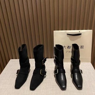 Giày Bốt Ngắn Nữ Mũi Vuông Dày Gót Slip-On Khóa Hai Tay Khóa Thắt Lưng 35-42
