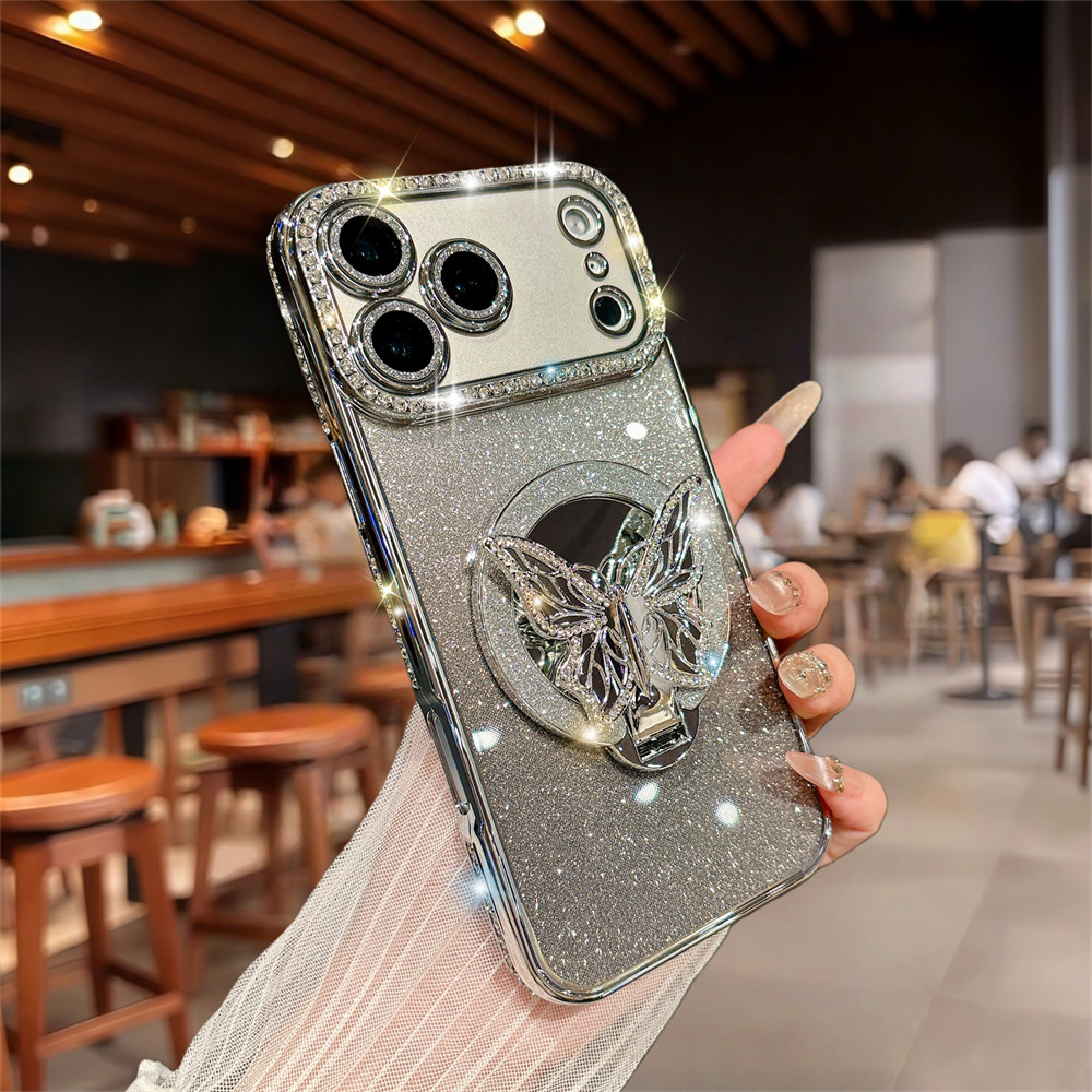 Sang Trọng Lấp Lánh Gương Bướm Giá Đỡ Ốp Lưng Điện Thoại iPhone 17 Pro Max 16 12 13 14 15 Pro Max Ống Kính Bảo Vệ Camera Vỏ Chống Sốc TPU Vỏ Mềm Điện Thoại