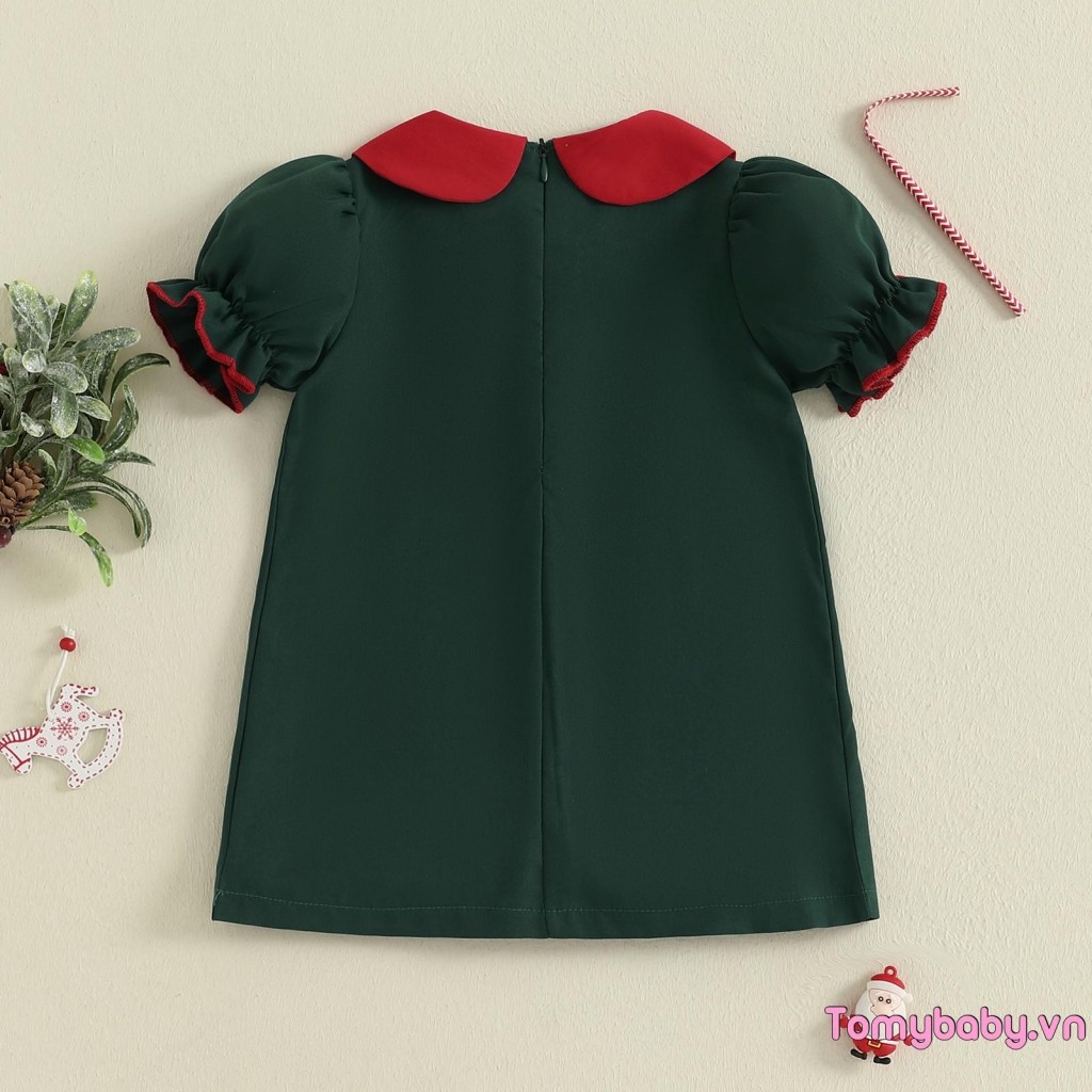 Váy Giáng Sinh Bé Gái Tập Đi Dễ Thương Tuần lộc Thêu Cổ Búp Bê Tay Ngắn Chữ A Cho Ngày Lễ