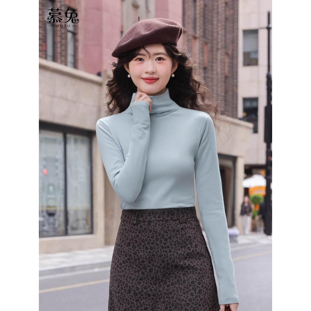 Mutu Áo Thun Nữ Màu Cà Phê Retro, Cổ Cao Tay Dài, Phong Cách Mới Lạ, Perfect Cho Mùa Đông
