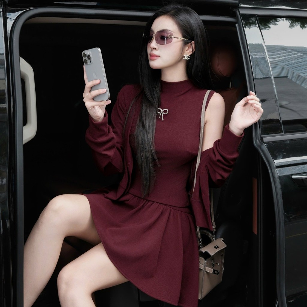 Set 3 món Khiết áo váy xòe thun đỏ đô phối cardigan phong cách daily trẻ trung năng động KS380A