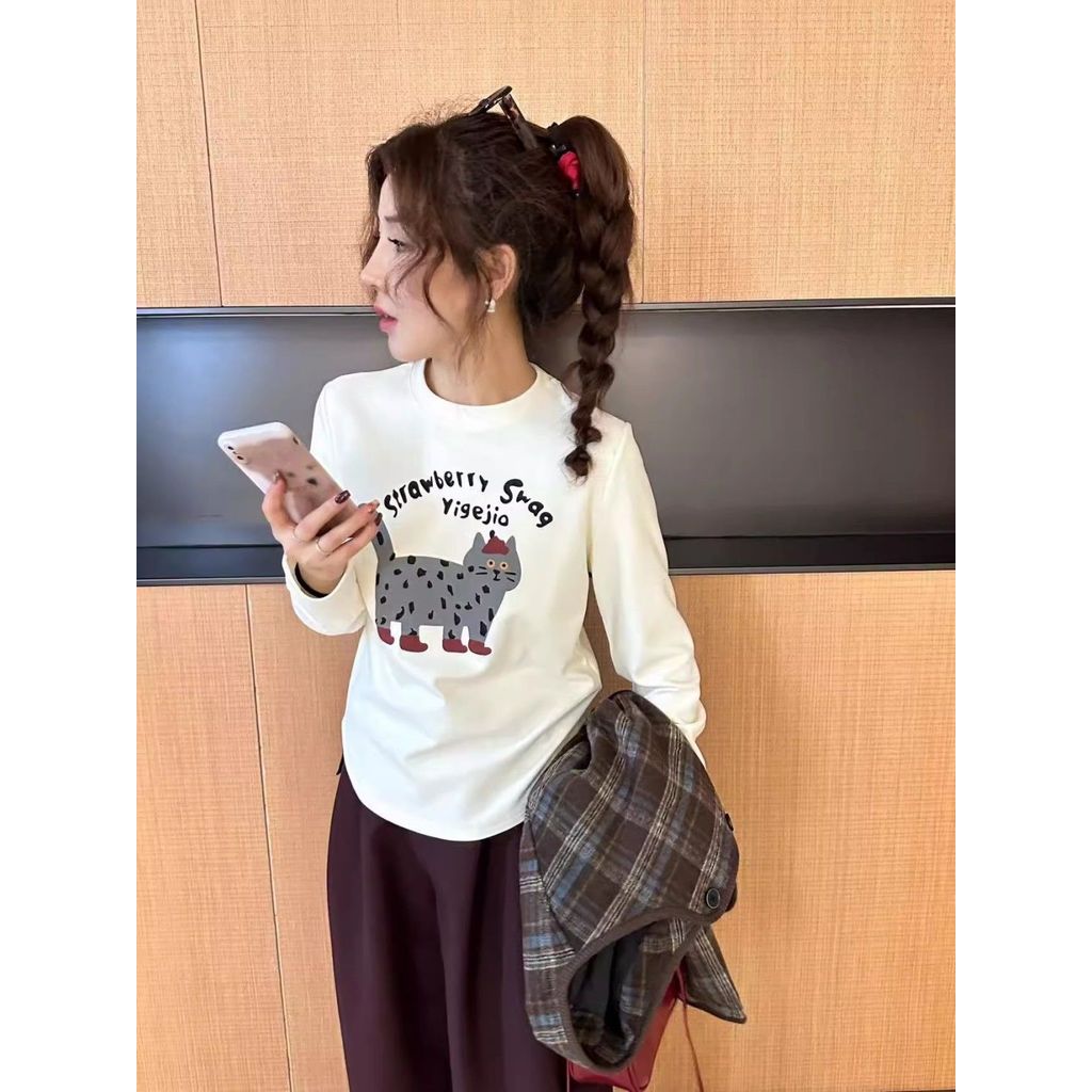 Milyfashion Chải Bên Trong Dài Tay Mèo In Hình Thu Đông Bên Trong Dày Đức Nhung Đáy Top