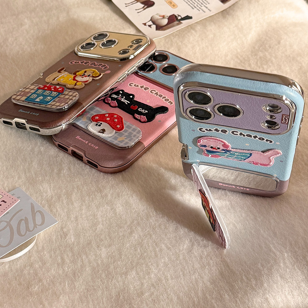 3D Mèo Chó Gấp Gương Giá Đỡ Mạ Da Điện Thoại Cho iPhone 17 Pro Max 16 Plus 15 14 13 Vỏ Bảo Vệ Chống Sốc