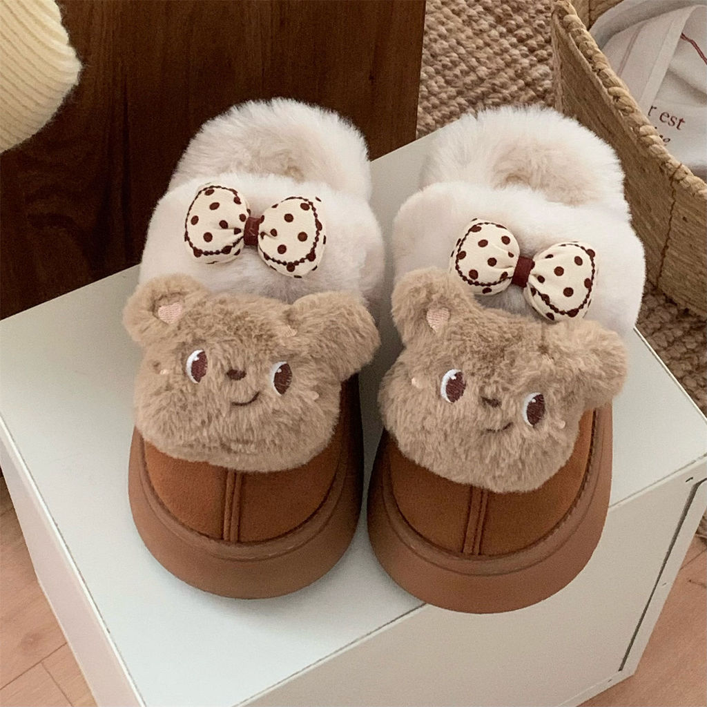 Xixitiao Cotton Dép Lông Cừu Lót Mùa Đông Gấu Dễ Thương Ấm Áp Đế Dày Trong Nhà Ngoài Trời