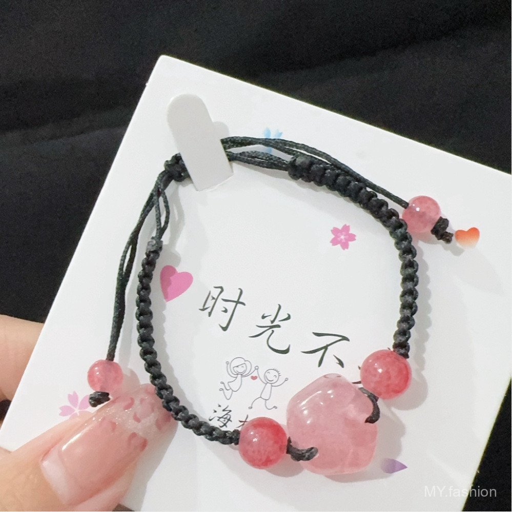 Vòng tay pha lê dâu đào và móng vuốt mèo, cặp đôi màu hồng và đỏ, thiết kế thời trang cho mùa hè
