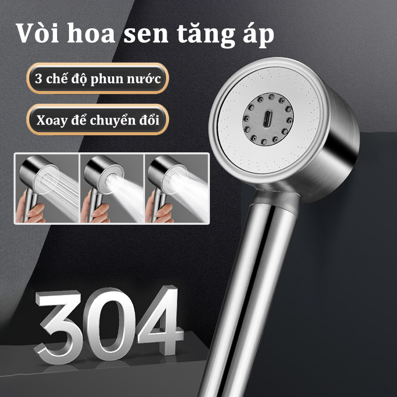 Vòi hoa sen tăng áp inox 304, 3 chế độ phun nước, xoay để chuyển đổi, tia nước nhỏ với khả năng tăng áp mạnh mẽ